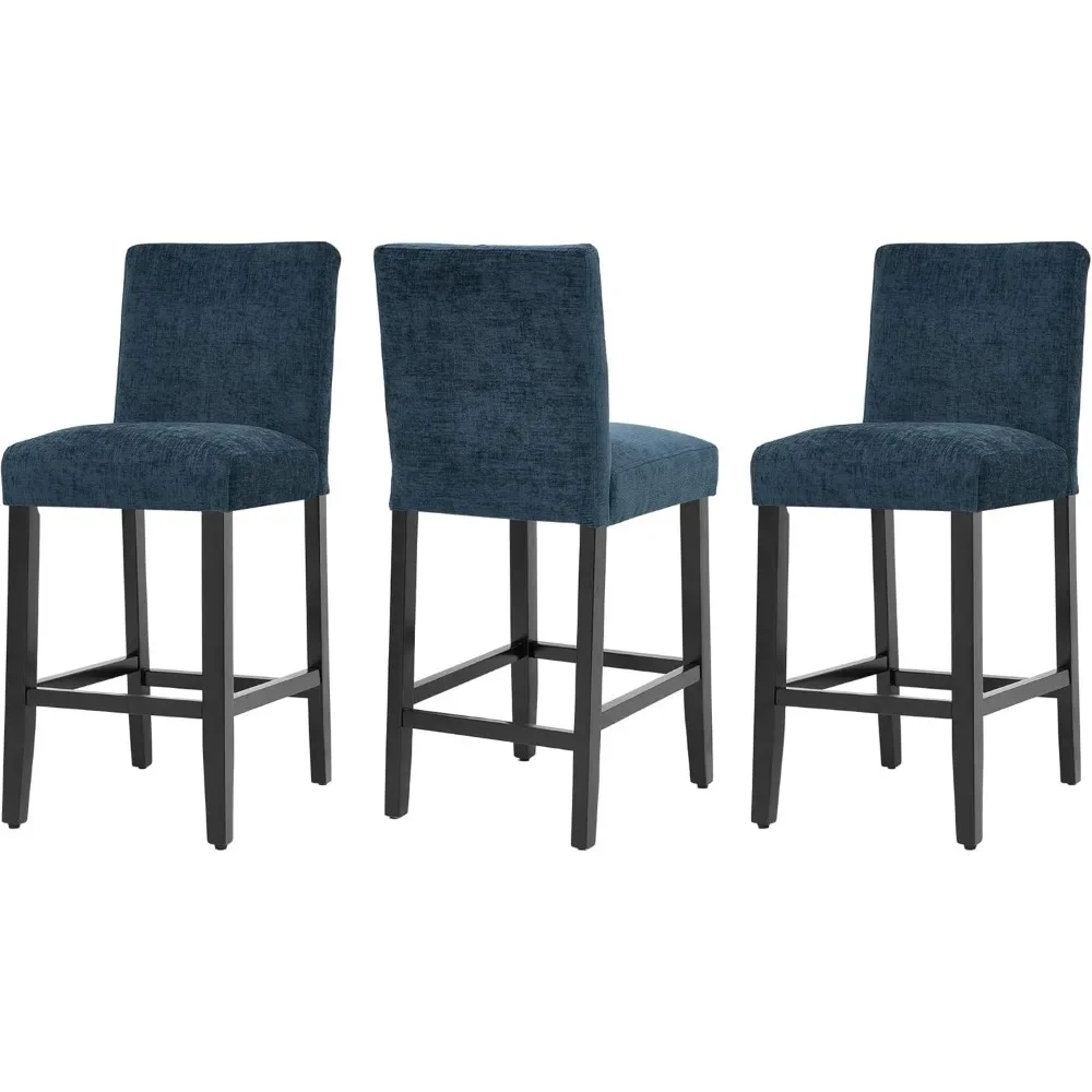 26'' Velvet Chenille Bar Stools Set of 3, Modern Upholstered Bar Height Bar Chairs, Soild Wood Legs Barstools with Back