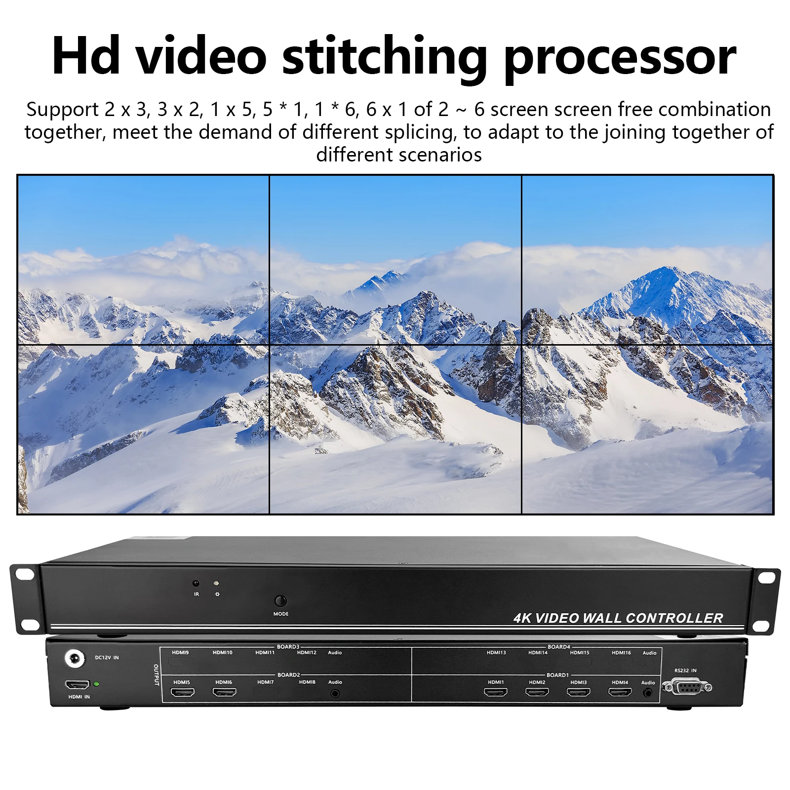 2x3 Video Wall Controller HD Processor MultiScreen Stitching 1920x1080P60Hz 1 In 6 Out TV Splicing Box Splicer 180° Flip