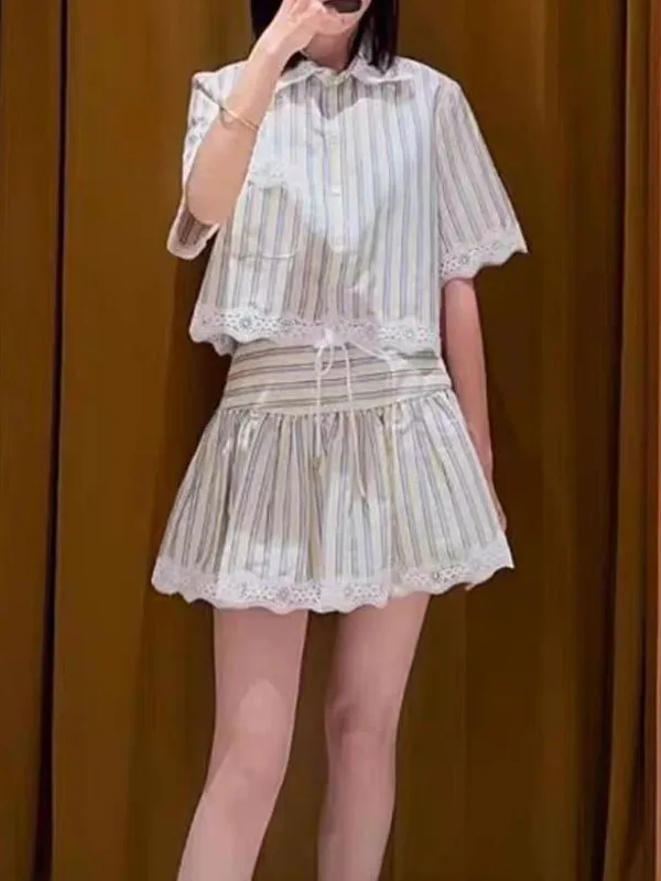 

Quali S Home Refreing Anti-Aging Vaion Sle Striped Lace Trim Doll Collar irt Top Pants Skirt Set Summer 2025 ort...