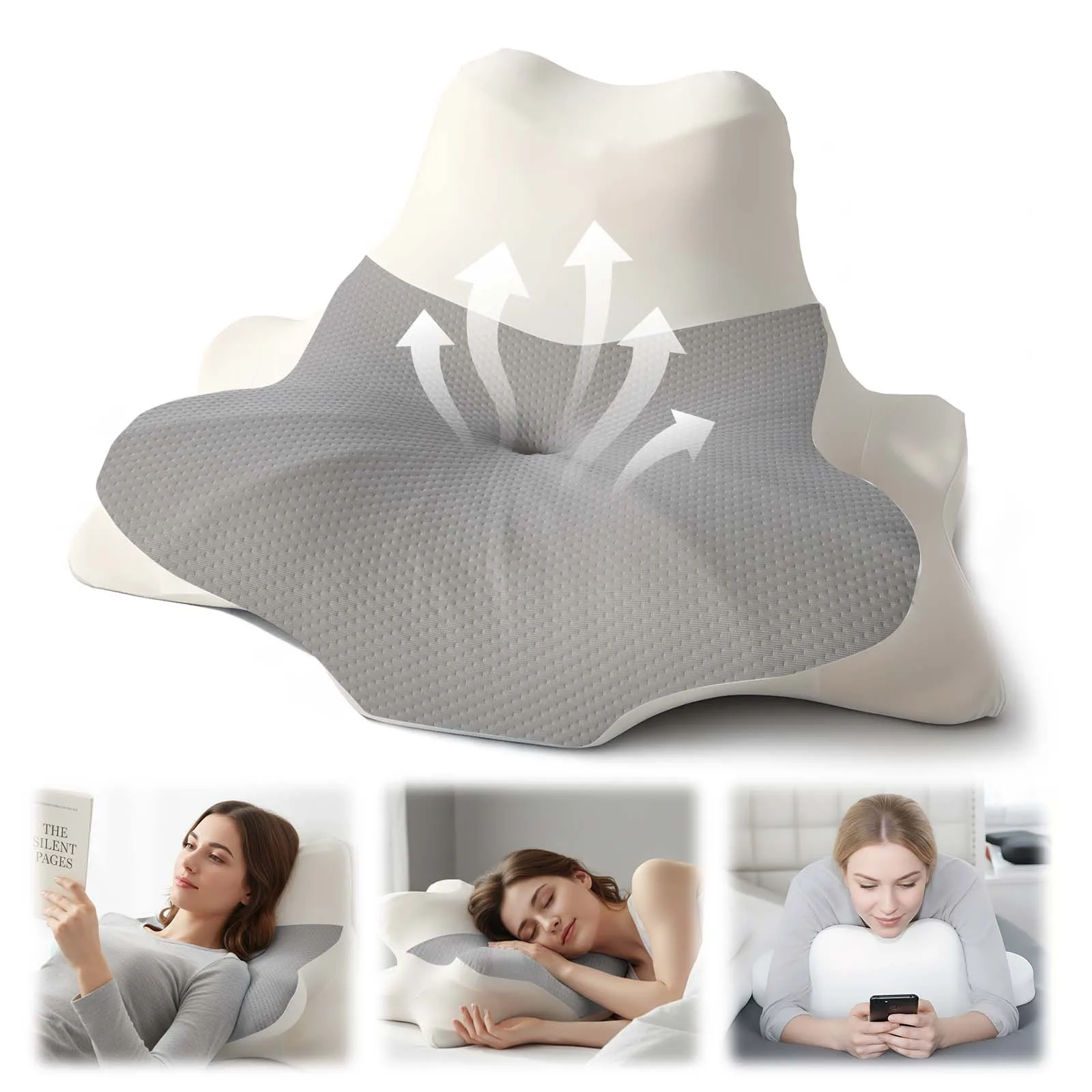 4-in-1 Ergonomisches Nackenkissen mit Zweizonen-Design, Memory-Schaum-Kissen mit Abnehmbarem Bezug für Seiten-, Rücken- und Bauchschläfer