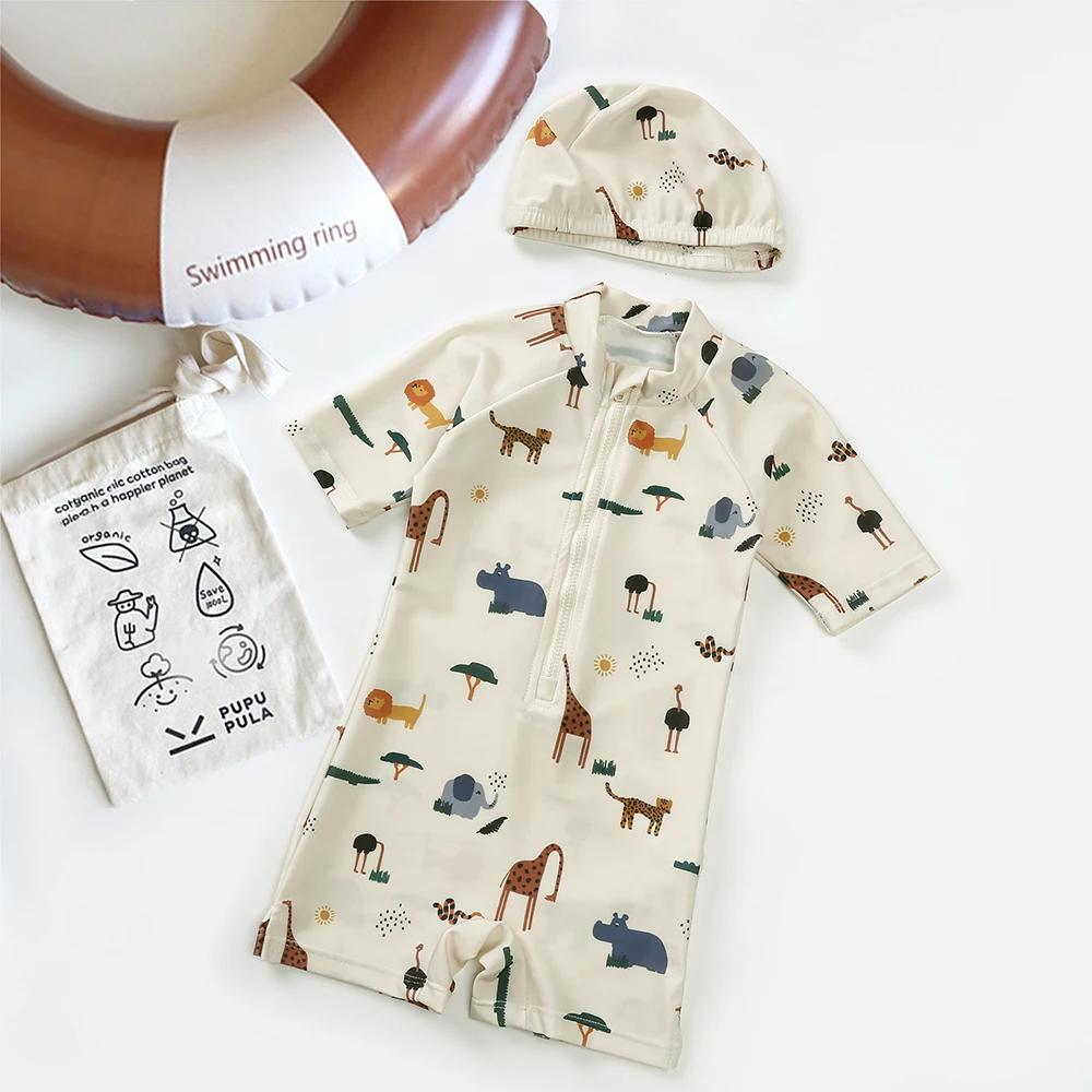 1-8T الاطفال لباس سباحة مجموعات الصيف طباعة الكرتون الحيوان شاطئ شاطئ البحر الملابس طفل رومبير قبعة مطابقة حمامات الشمس ملابس السباحة