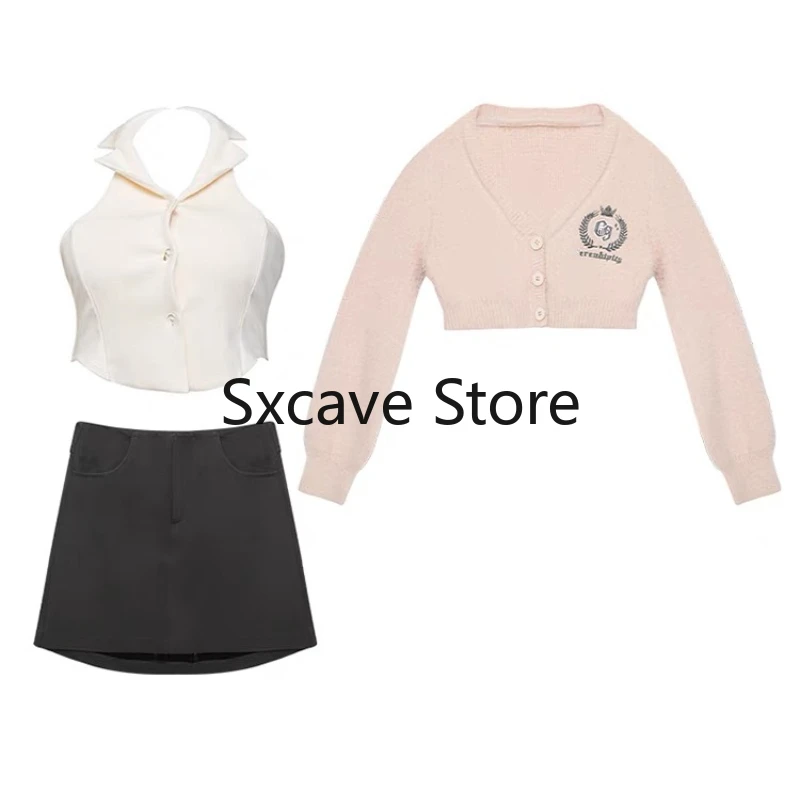 Kawaii Clothing 3 Piece Skirts Set Women Y2k Crop Tops Cardigan Sweater + Mini Skirts Casual Knitted Suits Korean Fashion Chic