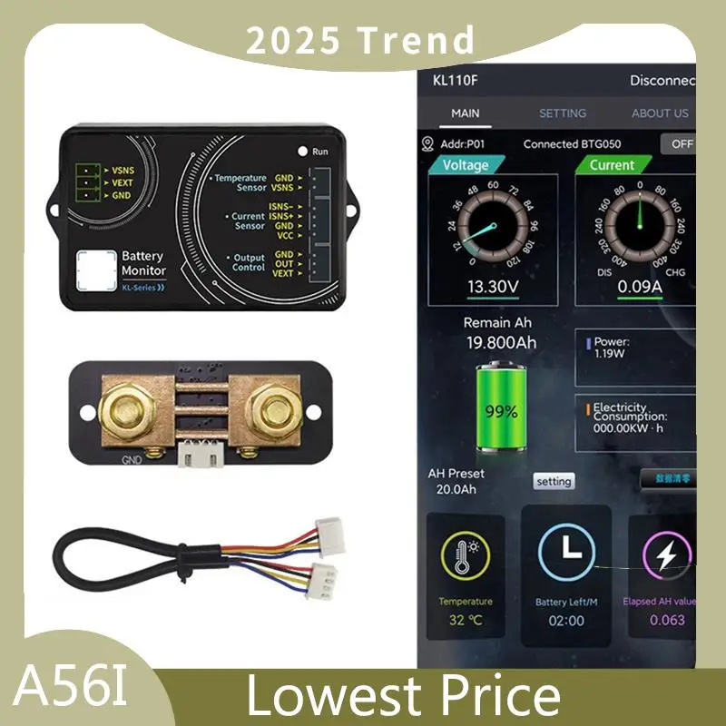 

A56I Top KL110F 0-120V 0-100A Battery Monitor Bluetooth Battery Tester Voltage Current VA Meter Battery Coulomb Meter