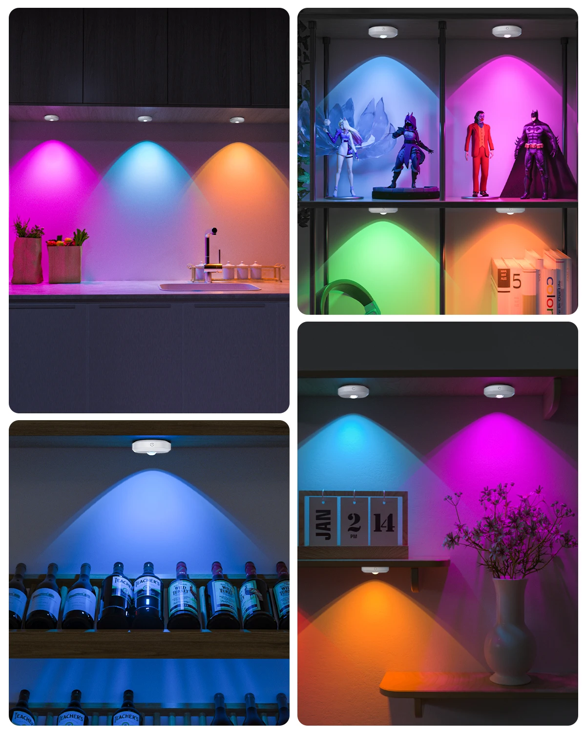 WILLED 6-delige RGB oplaadbare nachtverlichting met afstandsbediening, dimbare timingfunctie, LED-verlichting voor keukenkastplank