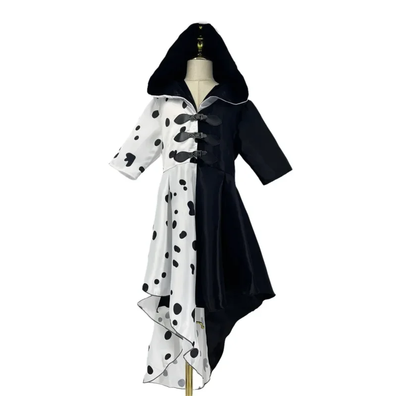 2025 New Evil Madame Cruella De Vil Cosplay Halloween Costume for Kids Woman Half Black Half White Wig Girls Princess Summer  AA