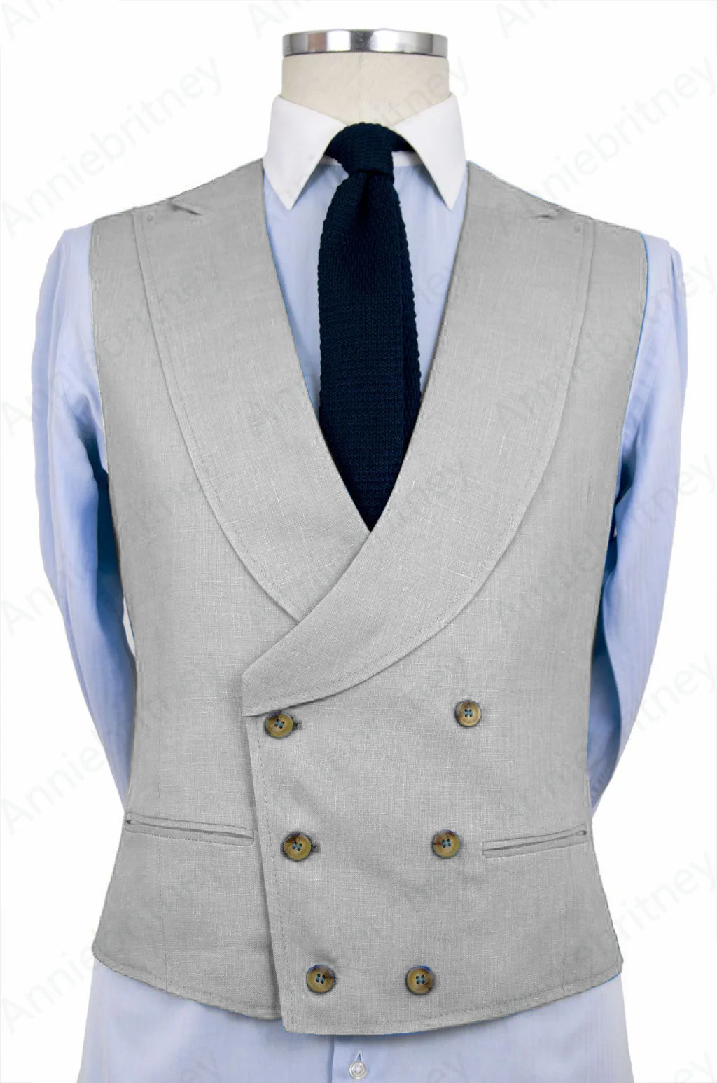 Nuovo gilet doppiopetto blu su misura con risvolto scialle Slim fit sposo Beige Best Man Wedding Beach gilet cappotto senza maniche