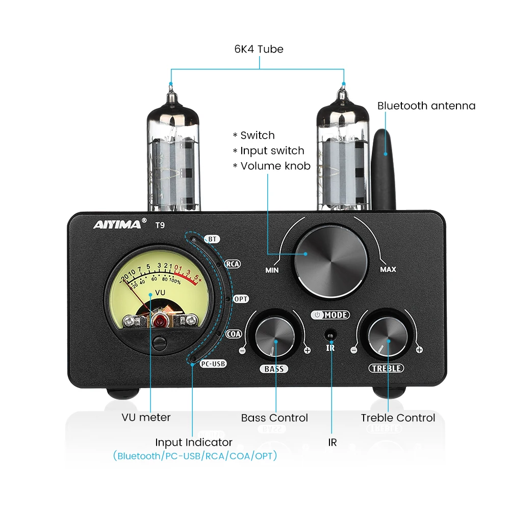 Aiyima amplificador de tubo de vácuo hifi t9 bt 5.0, amplificador de decodificação coaxial de fibra usb dac com medidor vu, amplificador digital