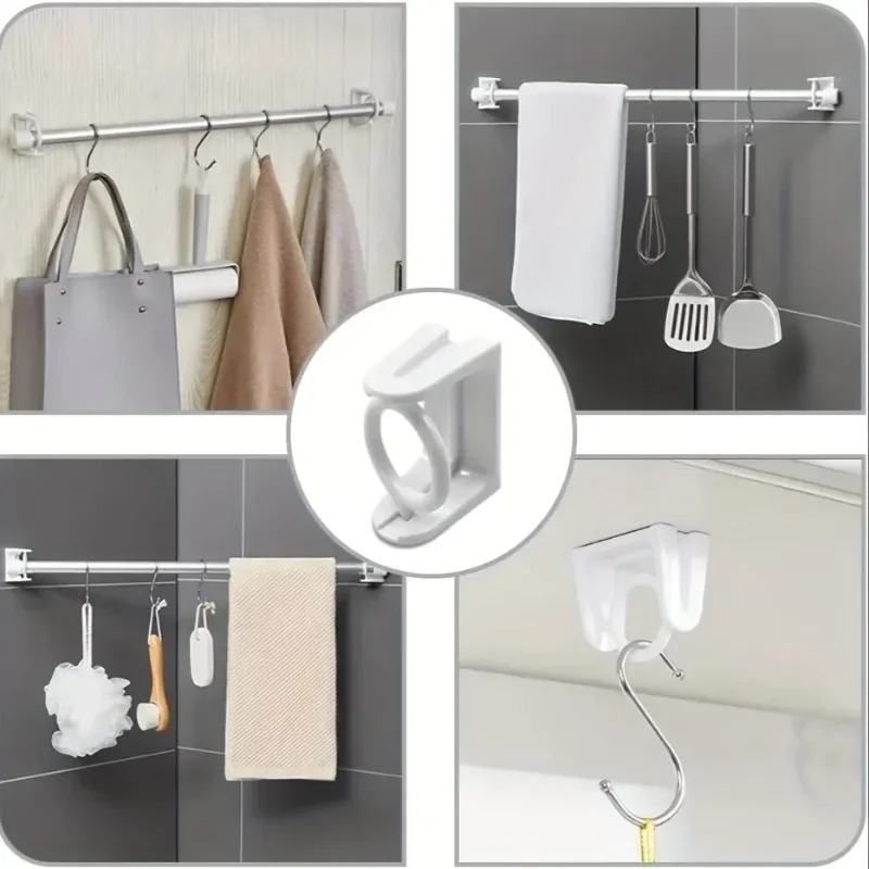 4PCS Rotating Hanging Ring Curtain Rod Telescopic Rod Fixed Bracket Kitchen Bathroom Multi-functional Storage Punch-free Hook