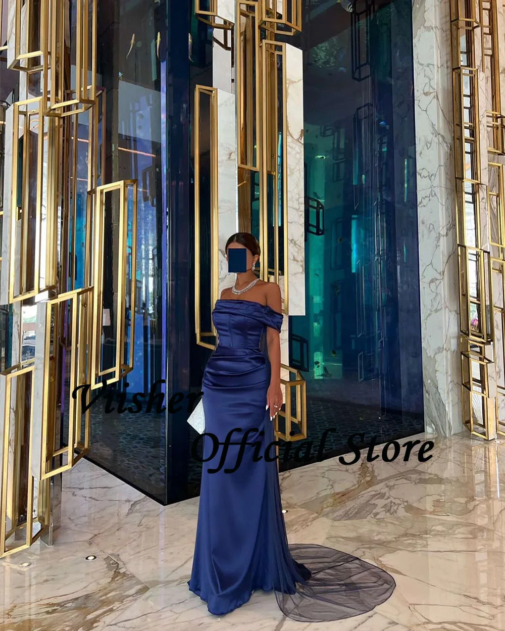 Viisher Navy Blue Satin Mermaid Evening Dresses Off Shoulder Tight Long Women Formal Prom Dress with Train Evening Party Gown