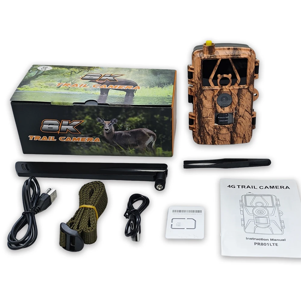 

Hunting Camera 4G LTE 8K Video 60MP Photo IR Night Infrared Animal Tracking House Security IP66 Waterproof Trail Camera PR801G
