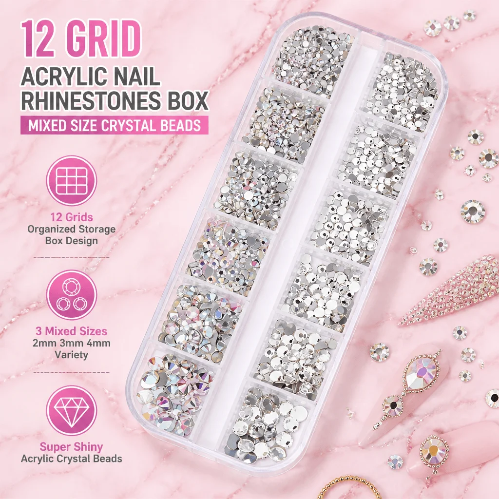 Nail Rhinestones 3D Nail Art Decoration Crystal Beads 12 Grids Mixed Sizes DIY Tools Acrylic Stones Shiny Accessories Gem