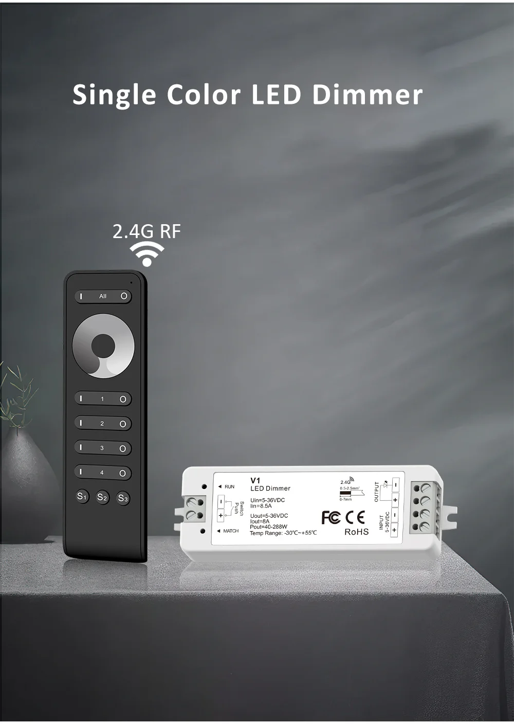 V1 LED Dimmer 12V 24V 36V RS1 4 Zone Single Color LED Strip Dimming Kit Wireless Wifi 2.4G RF Remote Control Push Switch Dimer