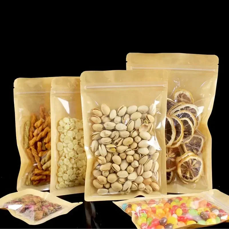 

100pcs Kraft Paper Half Clear Self Seal Bag Flat Bottom Translucent Seal Zipper Storage Pouch Moisture-proof Food Packing Bags