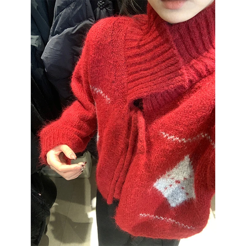 Red Argyle Knitted Cardigan Women Fashion Lace Up White Sweater Outerwears Korean Print Knitwears Winter Long Sleeve Jumpers New view 3
