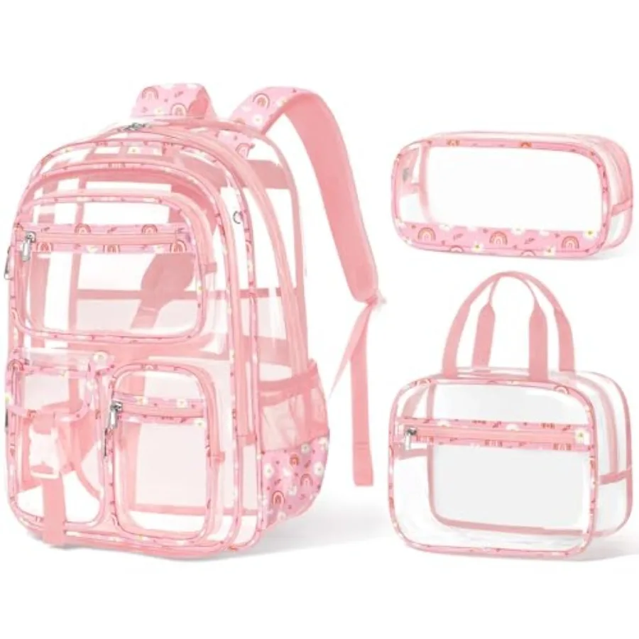 

Clear Backpack for Girls, 3PCS Heavy Duty PVC Transparent Girls Backpack with Lunch Box and Pencil Case School Stadium Approved