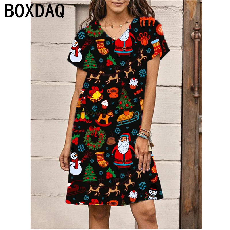 3D Christmas Elemental Print Dress Women V-Neck Short Sleeve Casual A-Line Dress Fashion Lasy Personalized Printed Street Dress