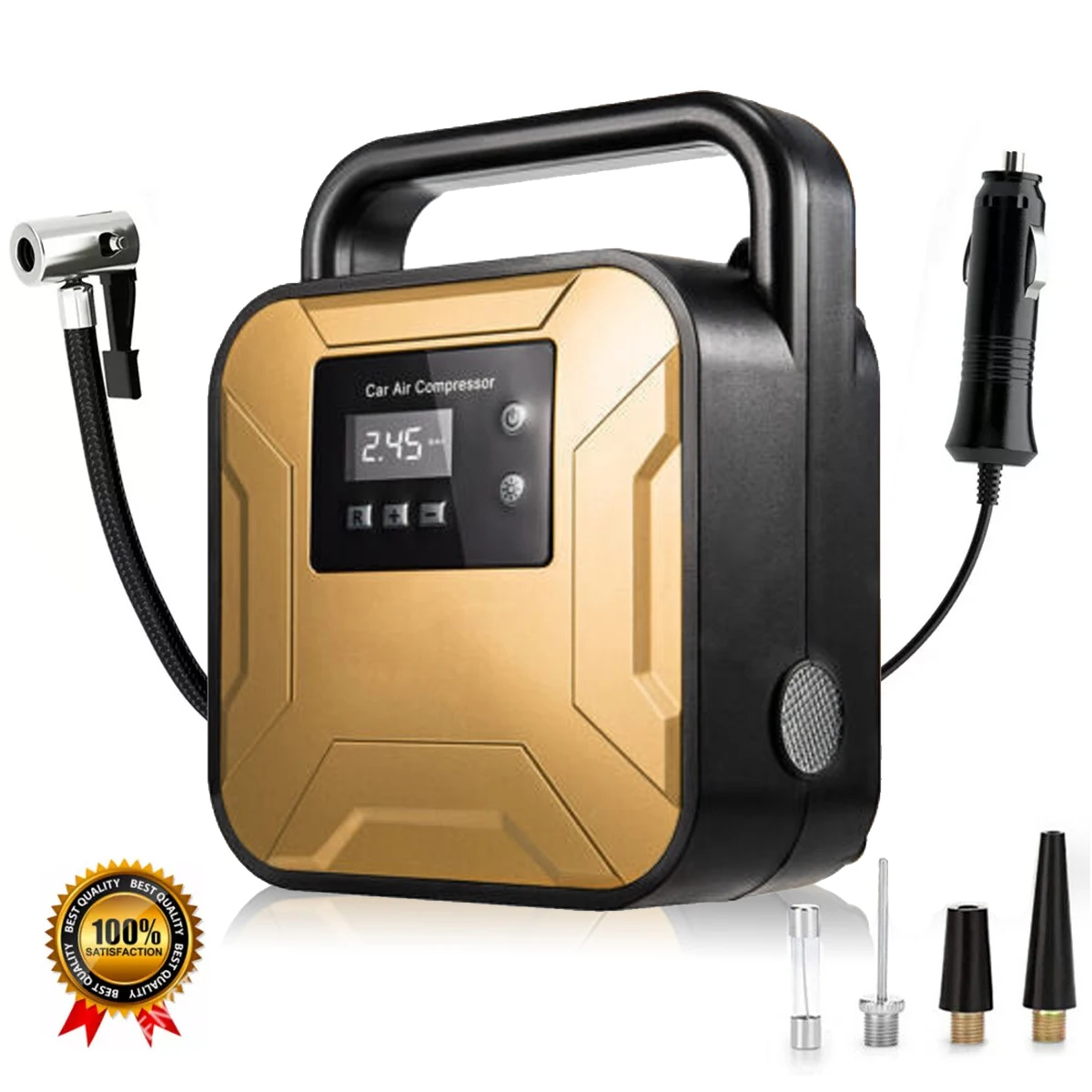 Portable Air Compressor Pump Auto Tire Inflator Electric Digital with 3 Nozzles  With Emergency Lighting Quick Inflation Pump