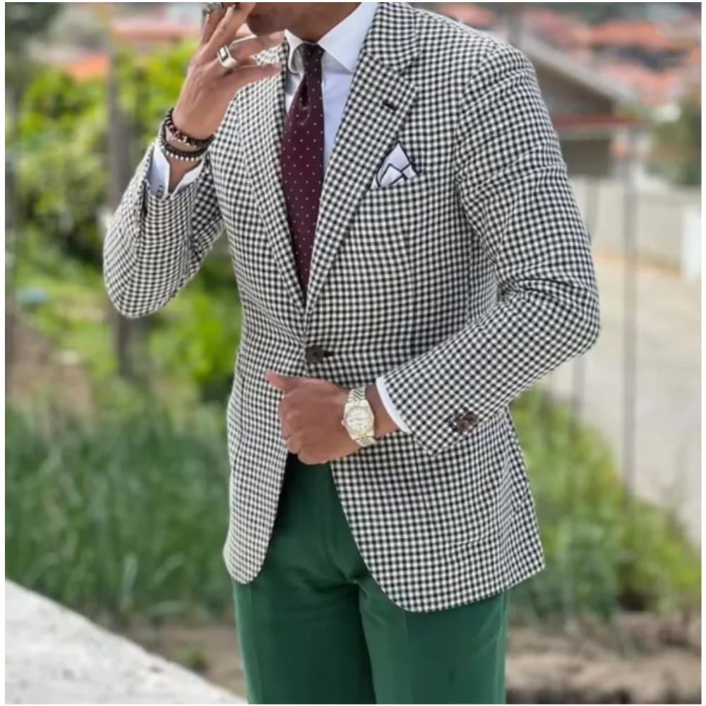 

Men's Suits 2 Pcs Plaid Jacket Green Solid Pants Notch Lapel Single Breasted Daily Male Clothing Prom Groom Custom Male Outfits