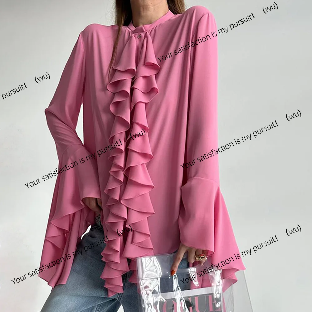 เสื้อคาร์ดิแกนแขนบานทรงหลวม ผ้าเทนเซล ชีฟองลายใบบัว เสื้อเชิ้ตแขนยาว เสื้อผู้หญิง