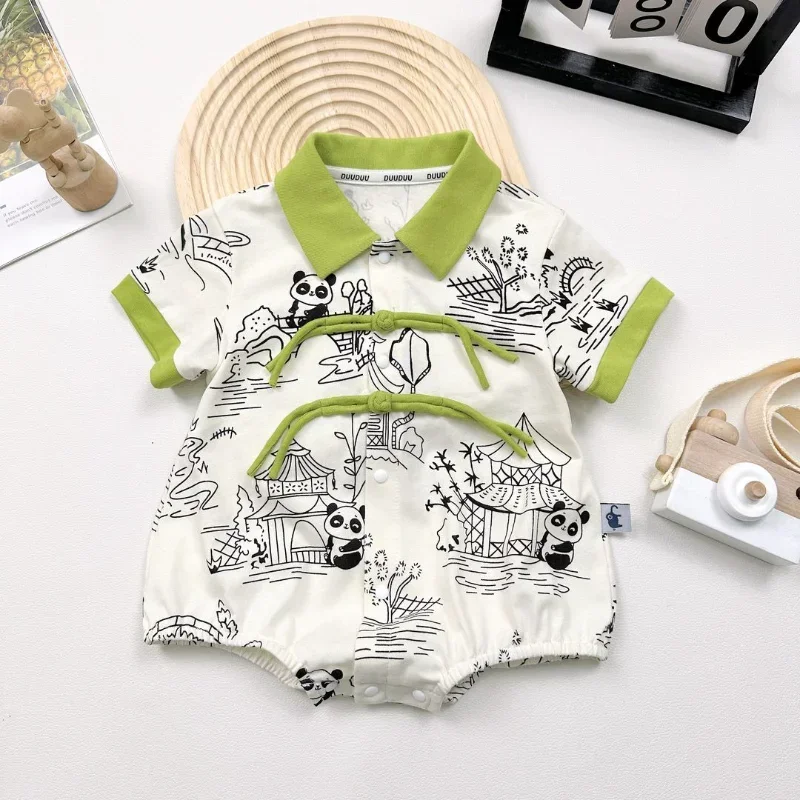 

Kawaii Buckle Panda Print Short Sleeved Baby Tang Suit Romper Chinese Clothes Boys Girls Summer Light and Breathable Jumpsuit