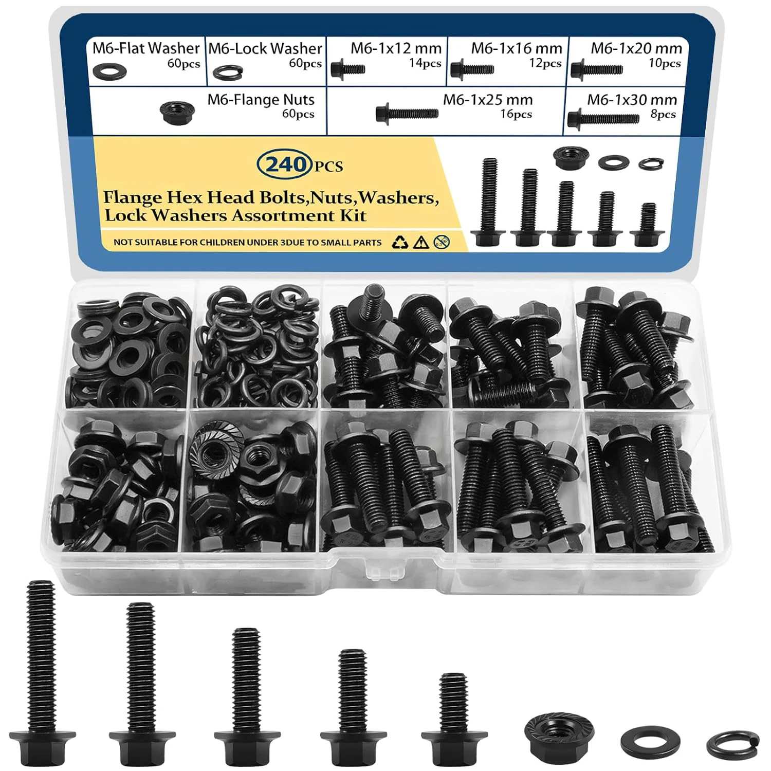 

M6-1.0 bolts (length 12 - 30 mm) 240 pieces. Bolt nut bolt assembly kit, including 6 mm bolts, serrated nuts, washers, alloy ste
