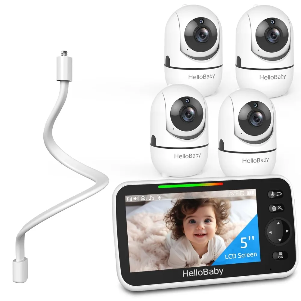 

Радионяня HelloBaby, 4 камеры, настенный 5-дюймовый экран и срок службы батареи 30 часов, радионяня с камерой и аудио, гибкая