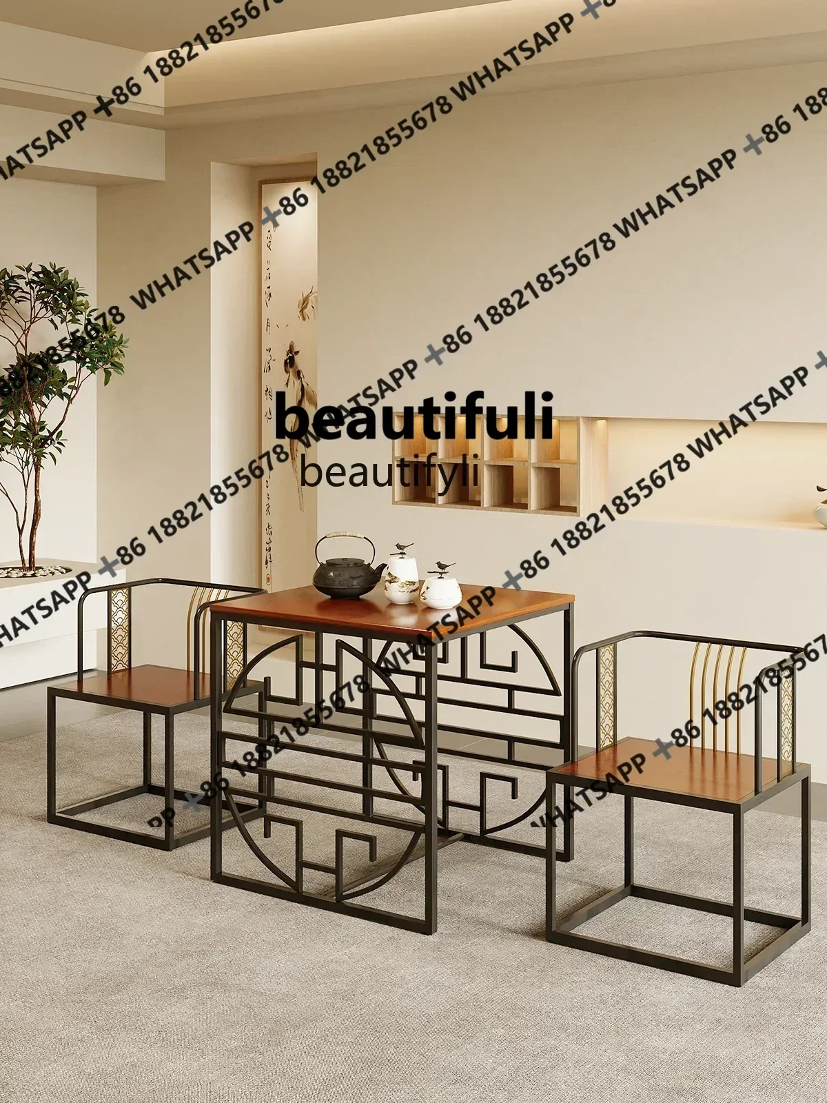 x1zNew Chinese-style official hat chair three-piece set  hotel homestay Taishi chair wrought iron Zen coffee table