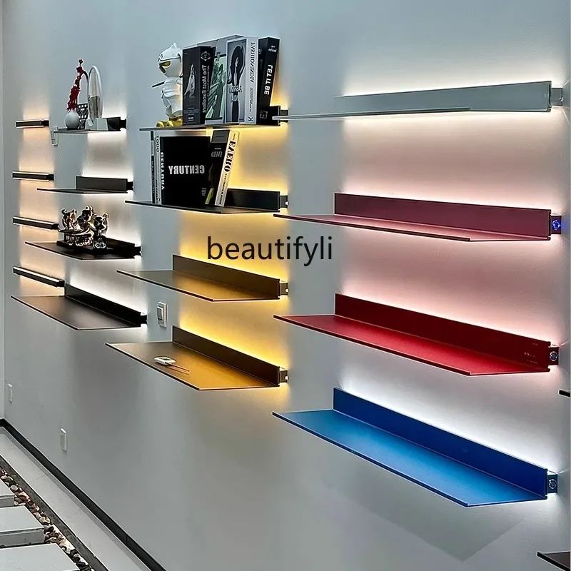 Aluminum alloy luminous laminate LED shelf storage wall wall display L-shaped shelf bookshelf with light metal baffle