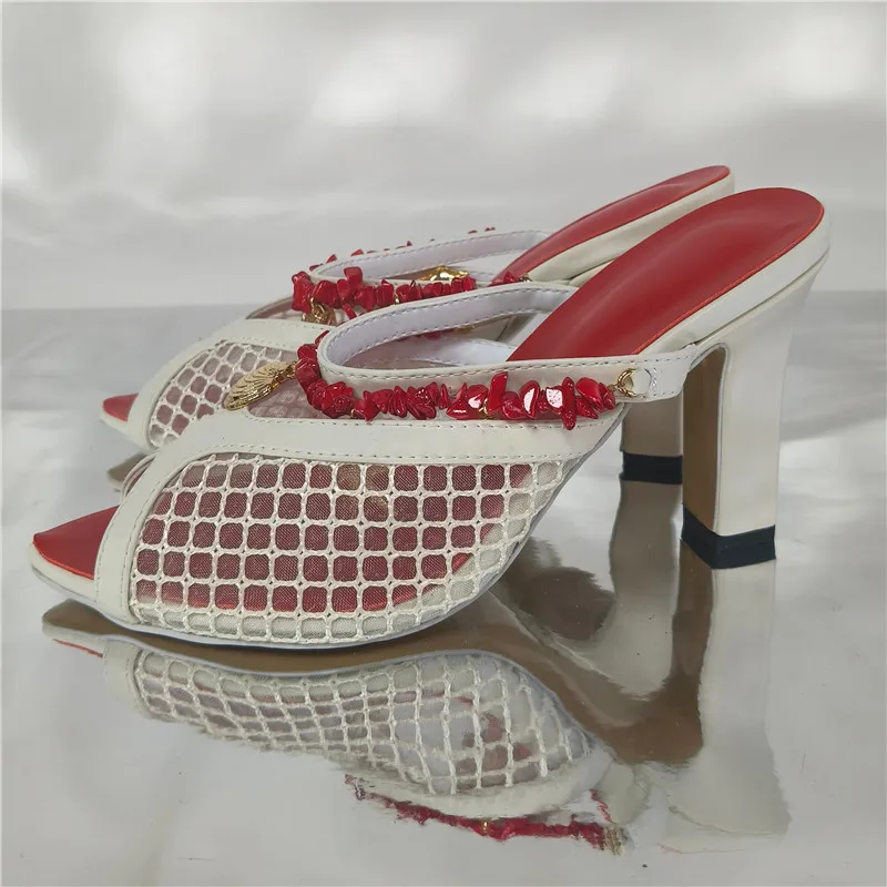 Women Mesh Peep Toe Mule Slippers Summer Beach Sea Shell Starfish Pendant Red Beaded Strap Slide Sandals Holiday Casual Shoes