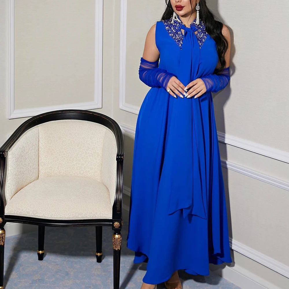 

Blue V Neck Straight Detachable Sleeve 3/4 Sleeves Satin Ankle Length Crystal Solid Color Elegant Luxury Evening Dress 2024