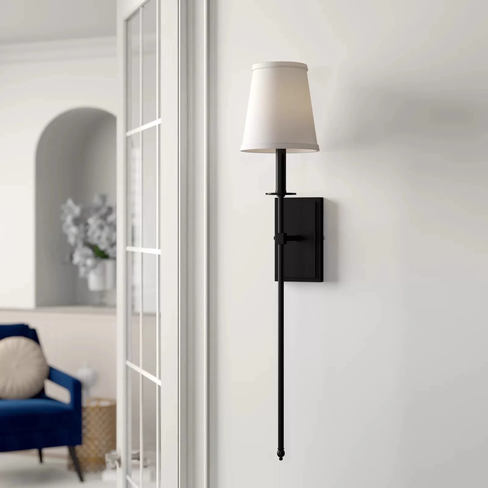 Black Long Pole Wall Lamp Simple Atmosphere Living Room Fabric Background Lamp Nordic Wrought Iron Bedside Bedroom Wall Lamp