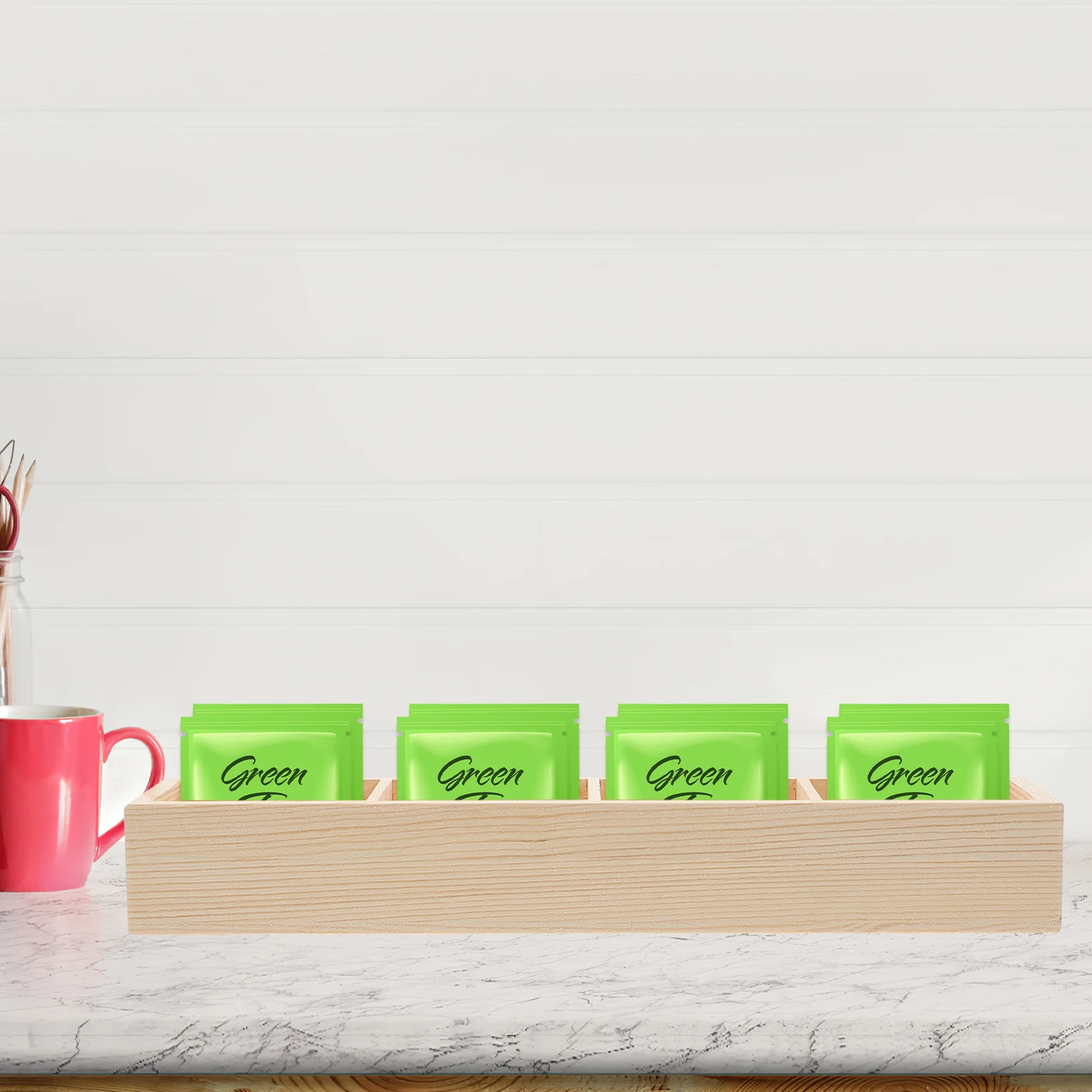 

Divided Multi Compartment Storage Box for Tea Bags Coffee Sugar Packets Organizer Wooden Texture Desktop Home Cafe Use Space
