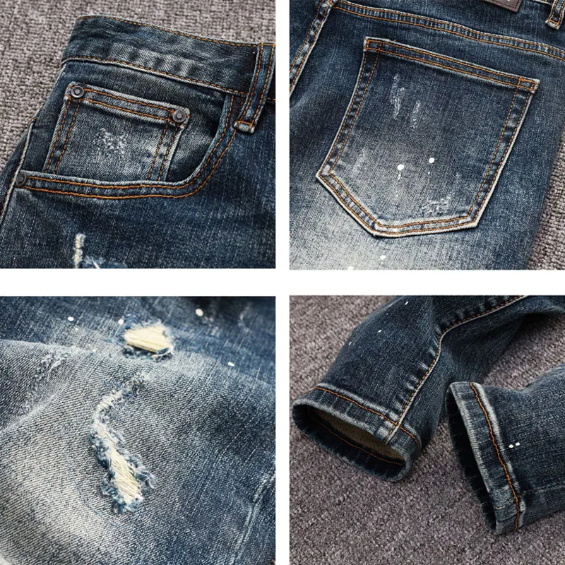 High Street Fashion Men Jeans Retro Blue Stretch Skinny Fit Ripped Jeans Men Hole Patched Designer Vintage Denim Pencil Pants