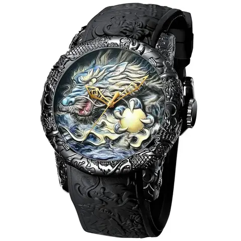 Mens Fashion Big Dial 3D Sculpture Dragon Watches Men Quartz Watches Luxury Exquisite Creative Wristwatch Male Clock Gifts