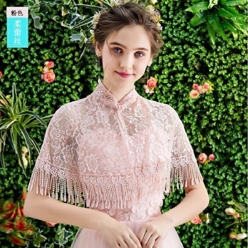 Womens Lace Flower Shawl Wedding Collar Tassel Cape