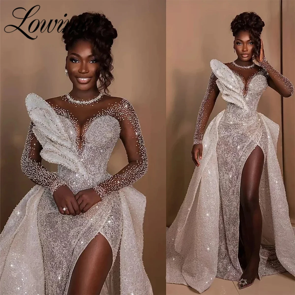 African Wedding Dresses Long Sleeves Sheer Net Mermaid Bridal Gowns 2024 Custom Made Plus Size Bride Dress With Detachable Train