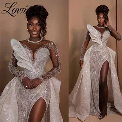 African Wedding Dresses Long Sleeves Sheer Net Mermaid Bridal Gowns 2024 Customized Plus Size Bride Dress With Detachable Train