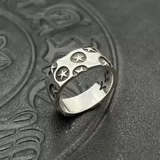 S925 Pure Silver Thai silver retro round full star ring men and women pentagram men domineering ring punk