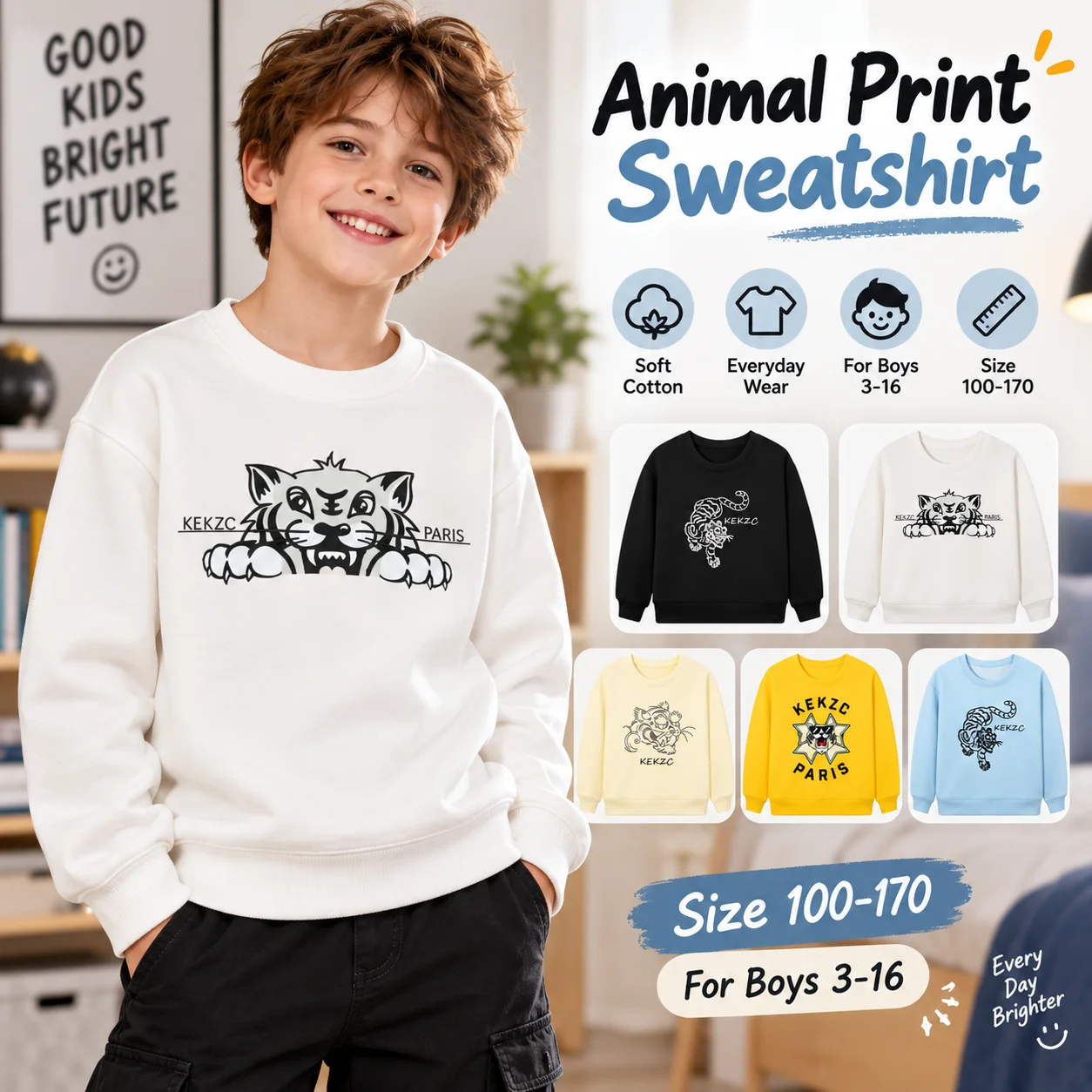fashion baby boys sweatshirt winter clothing tiger Print Kids Long sleeves Cute cartoon pullover warm fall new child teen hoodie