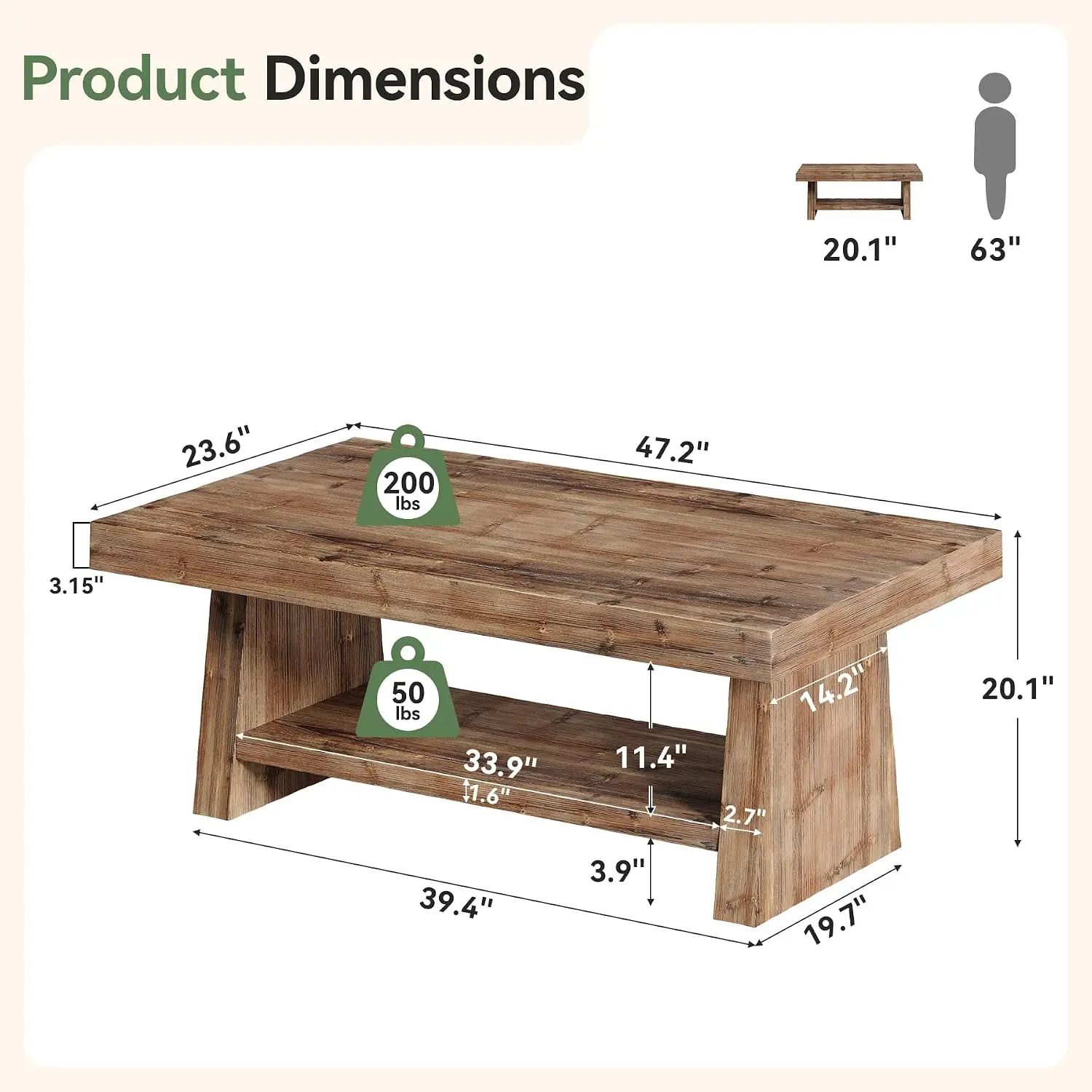 Farmhouse Coffee Table 47-Inch Solid Wood 2-Tier Rectangular Storage Table for Living Room Apartment Office Rustic, Customized