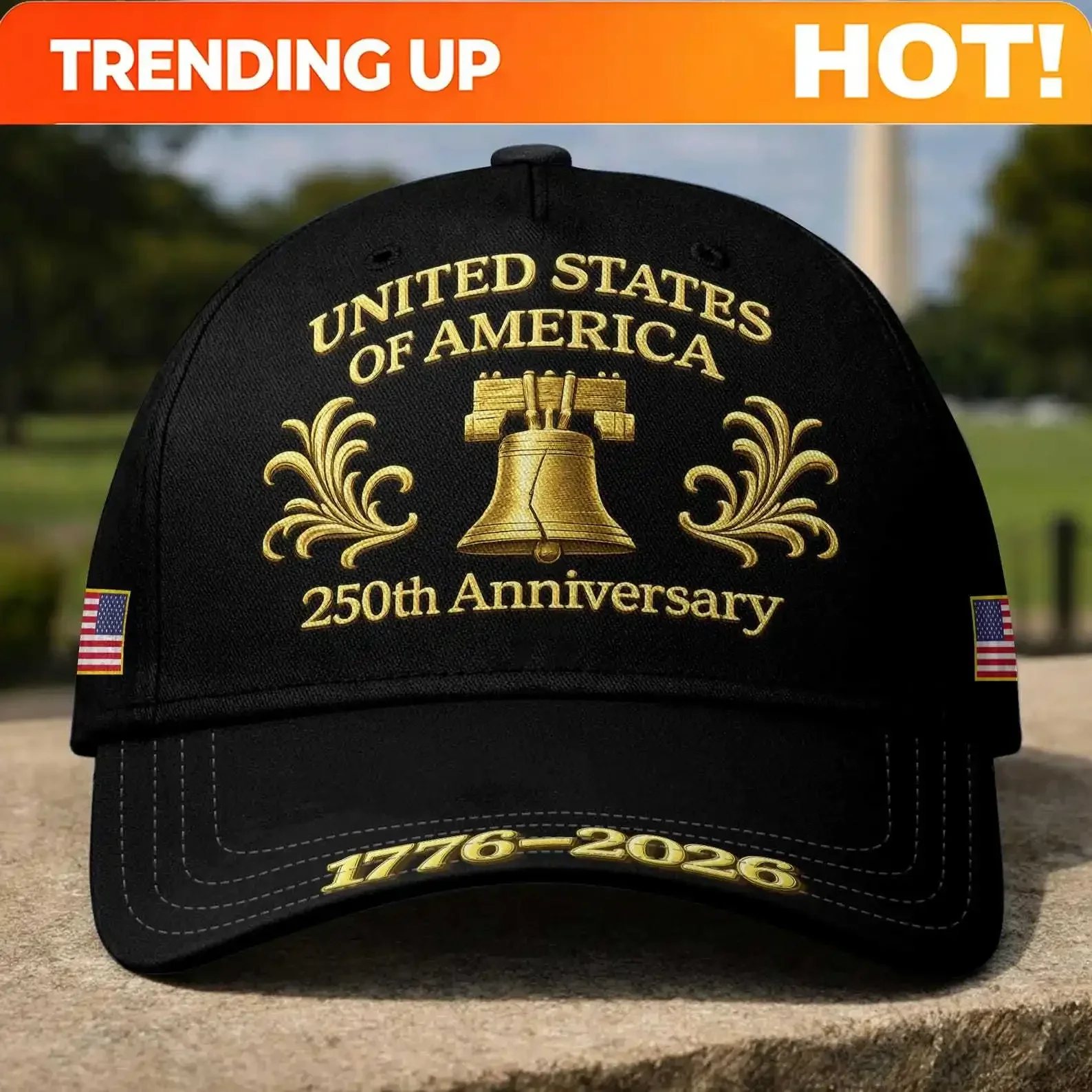 Customization United States Of America 250th Anniversary 1776–2026 Patriotic Baseball Cap, Gold Liberty Bell Design, Adjustable