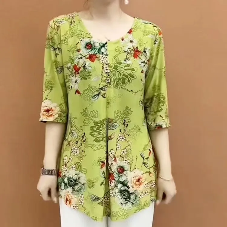 Vintage Printed Casual 3/4 Sleeve Blouse Spring Summer Round Neck Button Female Clothing Stylish Loose Midi Shirt Commute