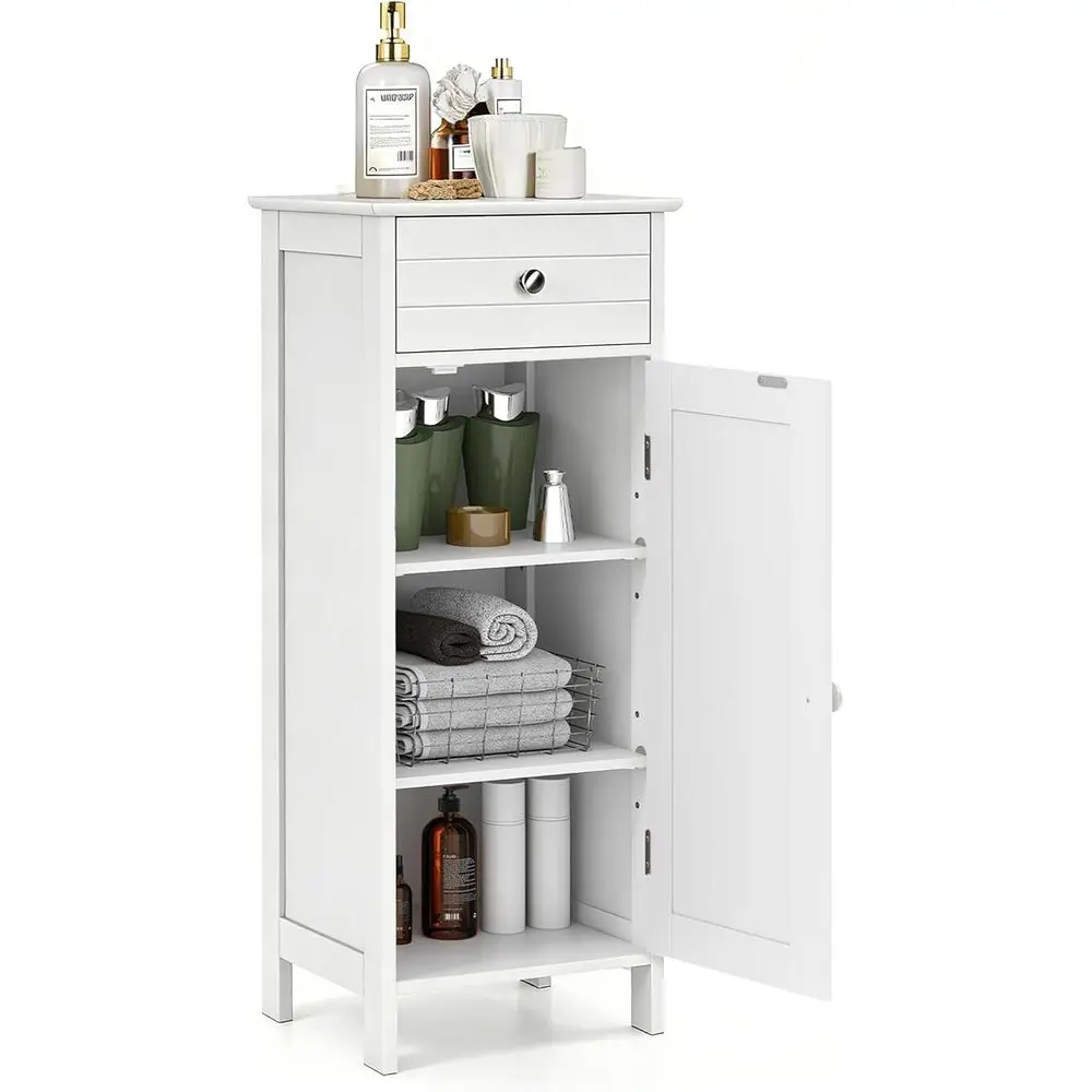 

White Freestanding Wooden Floor Cabinet with Large Drawer and 2 Adjustable Shelves for Modern Bathroom and Living Room Storage