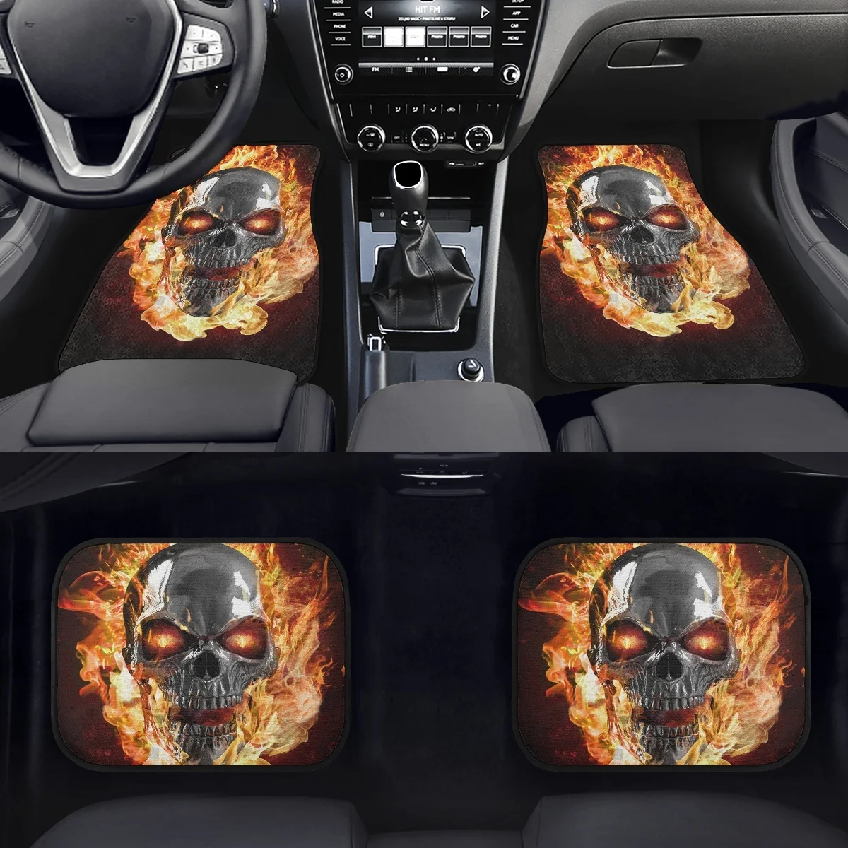 Automobile Floor Carpet Set of 4Pcs Cartoon Skeleton Flame Pattern Car Interior Floor Mats Durable Front Carpets for Truck Sedan