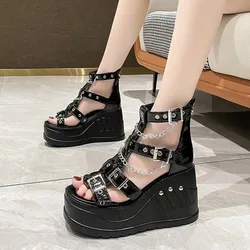 Women Luxury Wedges Sandals High Heel Gothic Punk Comfy Walking Back Zip Chains Fashionable Summer Platform Sandals Ladies Shoes