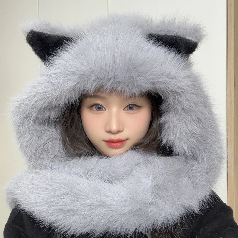 Versatile Warm Neck Scarf Shawl Women Soft Cashmere Fashion Windproof Girl Warm Winter Scarf Earflap White Fur Hat Knit Ear Cap