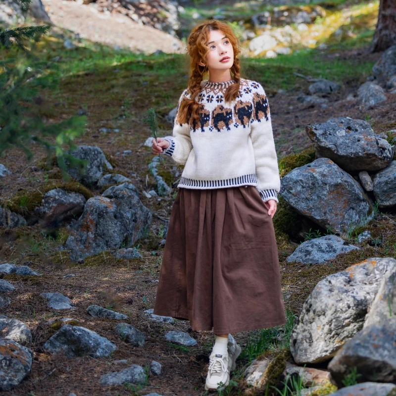 102cm Bust Fall Winter Pullovers Sweaters Women Vintage Fair Isle Nordic Pure Handmade Knitted Little Kitty 100% Wool Sweaters