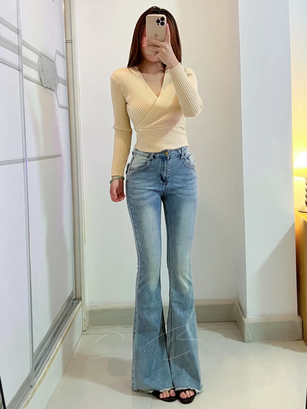 

High Waist Bell Bot Retro Jeans Women's Slimming Flared Design Casual Cotton Stretch Denim Floor Length Trousers
