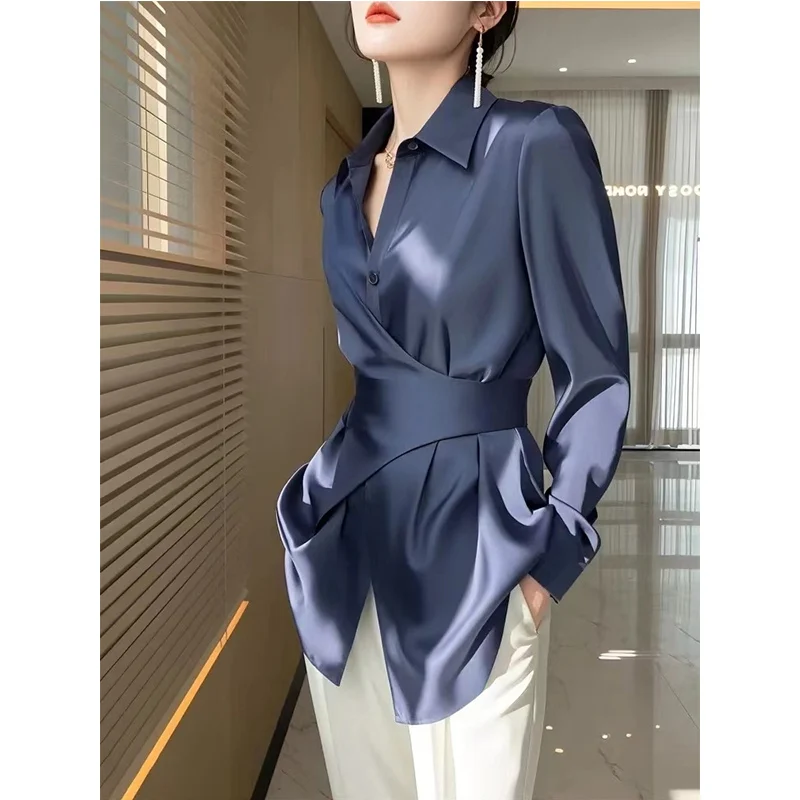 

Ladies Temperament Buttons Solid Color Turn-down Collar Blouse Spring Summer Fashion Irregular Satin Corset Women's Shirt Tops