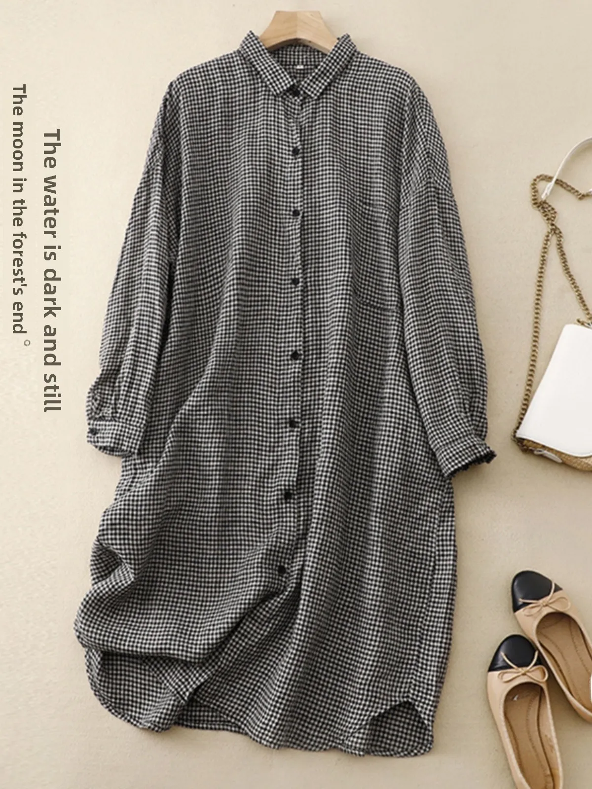 قطن كتان طويل Sve irt Dr Women أوائل الخريف Faion كاجوال فضفاض متوسط الطول على شكل حرف a مع سترة مفتوحة #2